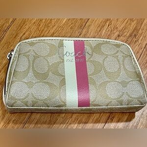 Coach Signature Stripe Zip Cosmetic Pouch in Beige with Pink & Cream Stripe